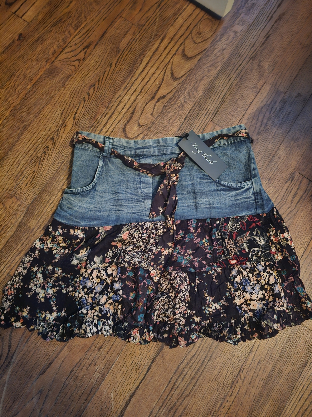 Mix-Media Floral Tiered Mini Skirt - Black Floral